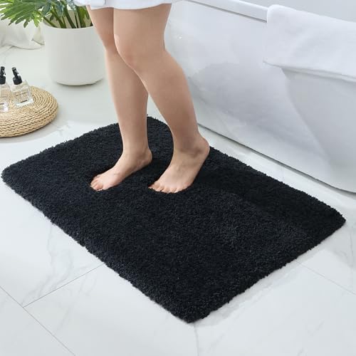 Bathroom Rugs Non Slip Washable, Ultra Thick Soft Microfiber Absorbent Bath Mats, High Density Foam Latex Non Slip Backing Bath Rugs, Fluffy Floor Carpet for Tub&Shower 24x17, Black - color: Black, size: 24" X 17"(Small Bathroom Rug)