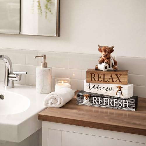 Cinnvoice 4 Pcs Highland Cow Bathroom Decor Farmhouse Bathroom Decoration Western Relax Renew Refresh Table Centerpiece Gift for Christmas Valentines Back to School - style: Relax Renew Refresh
