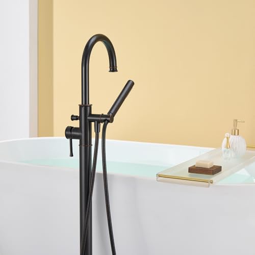 Wowkk Free Standing Tub Faucet Oil Rubbed Bronze Freestanding Bathtub Faucet Floor Mount Brass Bathroom Tub Filler with Hand Shower - color: Oil Rubbed Bronze, style: Modern