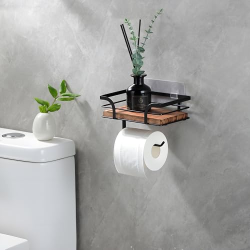 YIGII Rustic Farmhouse Toilet Paper Holder with Shelf - Wooden Tissue Paper Roll Holder, Bathroom Wall Mounted Toilet Paper Roll Holder with Wipes Storage, Black Metal - color: Black-2