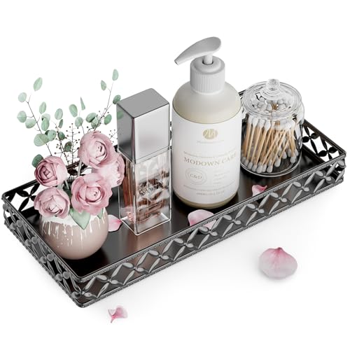 Vanity Tray for Bathroom Counter - 11" x 4.9" Metal Black Decorative Tray | Small Rectangle Tray, Non-Slip Bathroom Countertop Tray, Bathroom Organizer for Perfume Makeup Cosmetic Jewelry Soap - color: Rectangle Floral-black