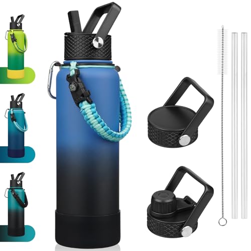BJPKPK Insulated Water Bottle with Straw Lid, 40oz Large Thermal Flasks with 3 Lids, Paracord Handle & Non-slip Boot, BPA Free Leak Proof Stainless Steel Metal Water Bottles, Tumblers, Cups,Blue Black - color: Blue/Black, size: 40 Ounces