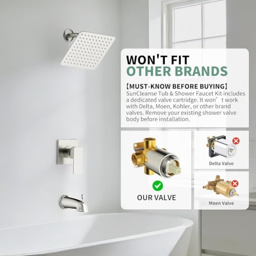 SunCleanse Tub Shower Faucet Set with Pressure Balance Valve, 8-Inch Rain Shower Head and Tub Spout, Single-Handle Shower Trim Kit, Shower Head and Handle Set for Bathroom, Brushed Nickel - color: Brushed Nickel