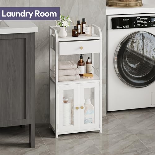 SWTYMIKI 14.57"x32.28" Bathroom Storage Cabinet – Freestanding Toilet Paper Storage with Doors & Drawer, Bathroom Organizers and Storage for Small Spaces, Laundry Room, Ideal for Towels, White - color: White