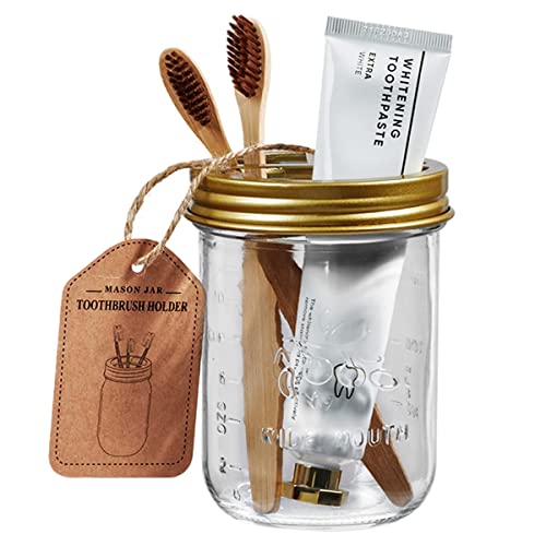 Amolliar Mason Jar Bathroom Accessories Set(4 Pcs) -Lotion Soap Dispenser & 2 Cotton Swab Holder & Toothbrush Holder-Rustic Farmhouse Decor, Countertop Vanity Organize, Bathroom Home Decor (Gold) - size: Gold, style: Standard-mouth