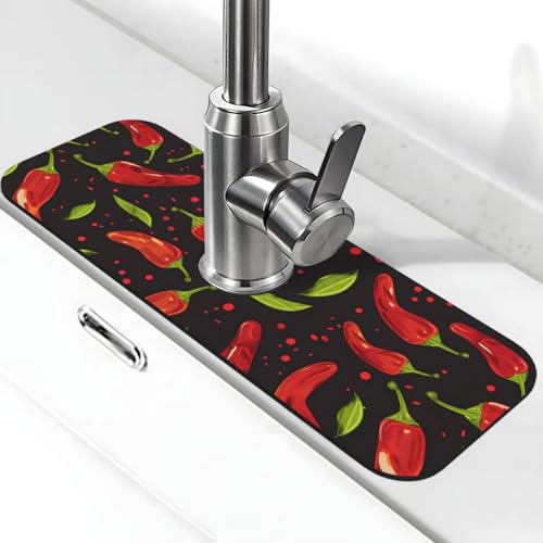 Faucet Draining Mat For Kitchen Sink, Red Chili Pepper Diatom Mud Absorbent Drain Pad For Bathroom Kitchen Sink Splash Guard Drying Mat - color: Red Chili Pepper, size: One Size