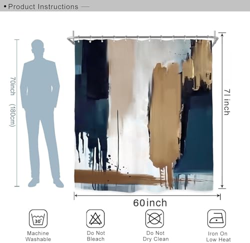 Miyotaa Abstract Blue Tan Modern Shower Curtain Set 60Wx71H Inches Contemporary Minimalist Neutral Brush Stroke Painting Art Waterproof Bathroom Curtain with 12 Hooks - color: Blue Tan Brushstroke, size: 60"W x 71"L (Pack of 1)