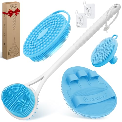 Silicone Back Body Face Scrubbers Set 4PCS, 15.35’’ Back Scrubber Soft Body Scrubber for Dual-Side Usage, Easy-to-Hold Soft Bath Glove & Face Scrubber for Good Foaming Deep Cleaning(Blue) - color: Blue*4