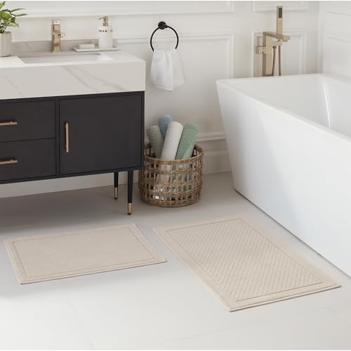 Arkwright 100% Cotton Bathroom Rug - High Absorbent Stylish Textured Woven Design Bath Mat, Slip Resistant Backing for Shower and Bathtub Floor, 20x32 in - Beige - color: Almond Milk Beige, size: 20" x 32" (Rectangular)