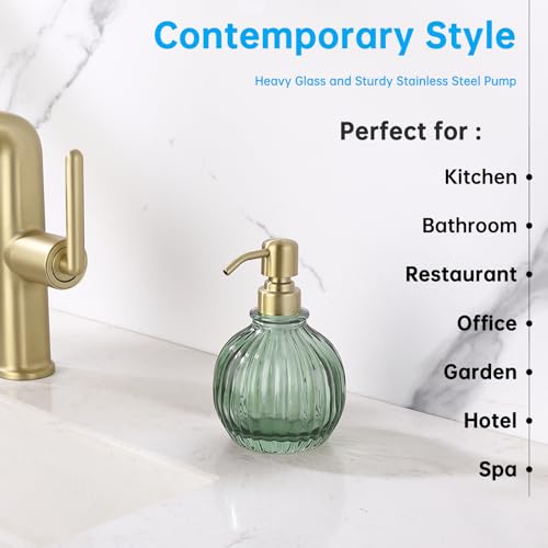 Round Bathroom Soap Dispenser Green Bottle Brushed Gold Pump, Stainless Steel Pump Liquid Soap Dispenser Sphere Countertop Hand Kitchen - color: Green and Brushed Gold Pump, size: 11oz-Round
