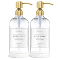 Vine Creations Clear Glass Soap Dispenser, 2 Pack Kitchen Soap Dispenser Set with Stainless Steel Pump, 16 oz Dish Soap and Hand Soap Dispensers for Bathroom with Waterproof Labels - color: Clear Bottle / Brushed Gold Pump
