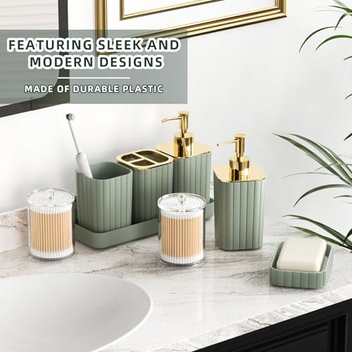 XLHOMO Bathroom Accessories Set - Gorgeous Bathroom Set, 10PC Sage Green Bathroom Accessory Set, Toilet Brush, Trash Can & Soap Dispenser - size: Bath Set, style: Sage Green&Gold
