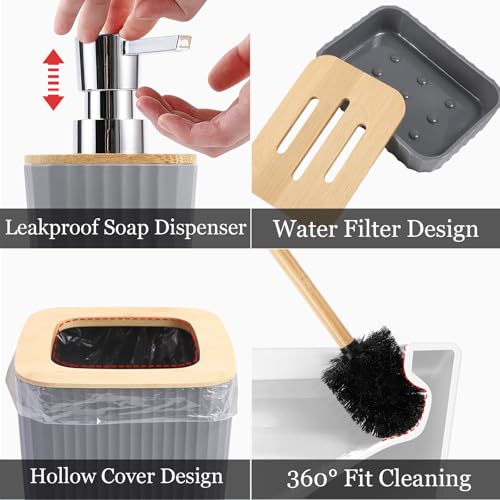 XLHOMO Grey Bathroom Accessories Set, 9 Piece Gray Bathroom Set, Bathroom Accessory Sets Compelete with Trash Can, Toothbrush Holder, Cup, Lotion Dispenser, Tray, Soap Dish, Toilet Brush, Qtip Holders - color: Hollow Grey, size: Hollow Cover Bathroom Set