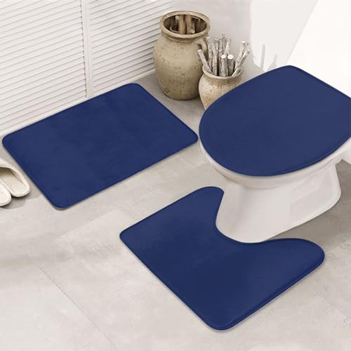 Bathroom Rugs Set 3 Piece Minimalist Solid Navy Blue Bath Rug Mat Set, Non Slip Absorbent Bathroom Decor Mat, Toilet Lid Cover & U Shaped Contour Rug - color: Navy Blue, size: 1'8" x 2'6" (Rectangular)