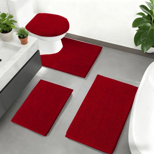 Burgundy Bathroom Rugs Sets 4 Piece with Toilet Lid Cover, Non Slip Bathroom Mats Extra Soft Chenille Bath Rugs Absorbent Shaggy Rugs Perfect Plush Mats U-Shaped Toilet Rug Set Home Decoration - color: Burgundy, size: 1'8" x 2'8" (Square + oval + U-shape)