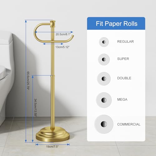 RUMOSE Toilet Paper Holder Stand for Floor, Brushed Gold Bathroom Free Standing Toilet Tissue Roll Holder with Storage, Adjustable 17-25 Inch, SUS304 Stainless Steel - color: Brushed Gold