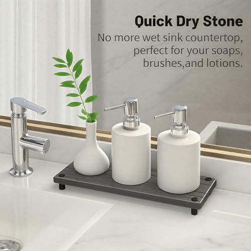 Quick Dry Sink Caddy Kitchen Sink Organizer, Water Absorbing Stone Tray for Sink, Stone Drying Tray, Diatomite Faucet Mat & Protector, Dispenser Sponge Holder, Stone Soap Tray for Bathroom Counter - color: Gray Metal Foot Wave Large
