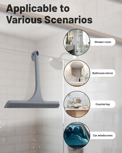 2-in-1 Silicone Shower Squeegee with Hook,Dual-Sided Design with Scraper & Scrub Surface,Rust-Proof Stainless Core,Streak-Free Bathroom Squeegee for Glass Doors,Mirrors,Windows,Car Windshields (Gray) - color: Gray