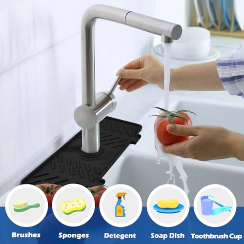 Silicone Faucet Mat for Kitchen Sink – Gen 3 10° Slope Splash Guard with Cuttable Hole – 14” x 5.5” Drip Catcher & Sponge Holder for Kitchen, Bathroom (Black) - color: Black, size: 14 in