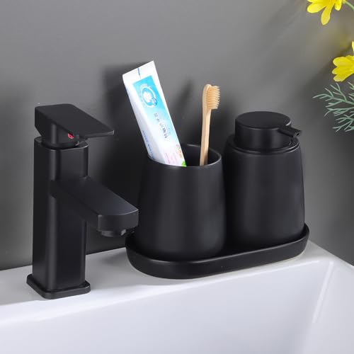 Matte Black Bathroom Accessory Set - 3pcs Ceramic Soap Dispenser Set Vanity Countertop Accessories Set, Includes Refillable Lotion Hand Soap Dispenser, Toothbrush Holder and Tray (Liquid Pump) - style: Black Set - Liquid Pump