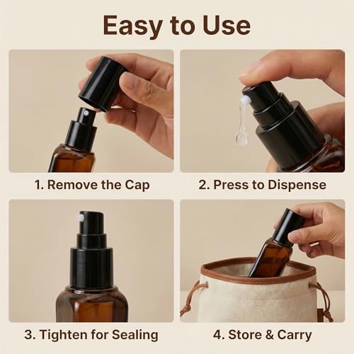 ericotry 3PCS 10ml Empty Refillable Square Amber Glass Cream Lotion Pump Bottles for Makeup Face Cream Facial Cleanser Toiletries Toner Liquid Travel Containers Emulsion Essential Oil Dispenser - size: 10ML