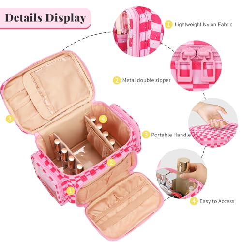 Bagmoly Large Checkered Makeup Bag, Travel Makeup Bag Organizer for Women Girls with Makeup Brush Compartment & Two Side Pockets, Cosmetic Travel Bag Vertical Storage Toiletry Bag- Hotpink - color: 04-Hotpink Checkerboard, size: Medium