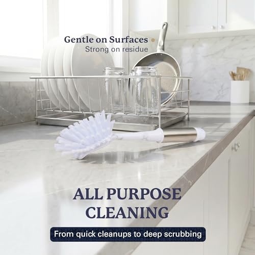 Farberware Dish Brush with Handle, 2 Pack, Firm Bristles | Kitchen scrub brush and dish scrubber removes grease, reaches pot and pan edges, 10in, rectangle head, scraper tip - color: White Marble Rectangular