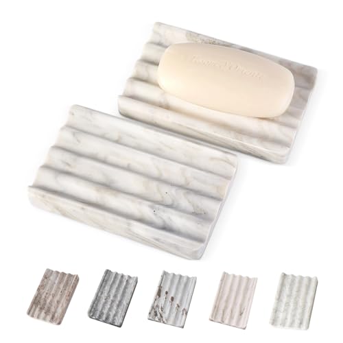 2PCS Koville Italian Natural Marble Soap Dish for Shower, Multi-Color Stone Soap Tray for Bathroom, Bar Soap Holder for Sink, Stripe Grooves Soap Saver Sponge Holder (White/Brown Random) - color: Palissandro Classico