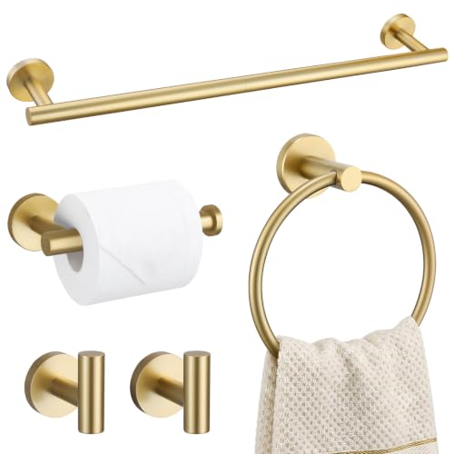 TURS Brushed Gold 5 Piece Bathroom Hardware Set, SUS304 Stainless Steel 24 Inch Bath Towel Bar Set, Round Bathroom Accessories Kit Wall Mounted - color: Brusehd Dark Gold