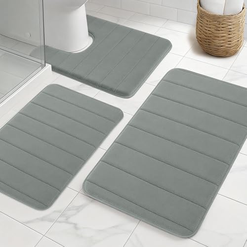 Bathroom Rugs Sets 3 Pieces Thicker Memory Foam Bath Mat with Non Slip Backing, Machine Wash, Dries Quickly, Ultra Soft Light Grey Bath Carpet with Toilet Rug for Bathroom, Kitchen,Tub - color: Light Grey, size: 31" X 19" + 23" X 15" + U19" X 15"