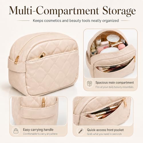Travel Makeup Bag for Women | Quilted 9 x 4.5 x 6 in PU Leather Double-Layer Cosmetic Organizer with Mesh and Zipper Pockets, Travel Toiletry Bag, Beige - color: Quilted