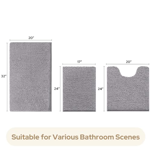 HOMEIDEAS 3 Pieces Bathroom Rugs, Soft Thick Absorbent Chenille Bath Mats, Washable Non-Slip Floor Rugs for Shower & Bath, Grey - color: Grey-grey, size: 17"x24"+20"x32"+U Shape 20"x24"