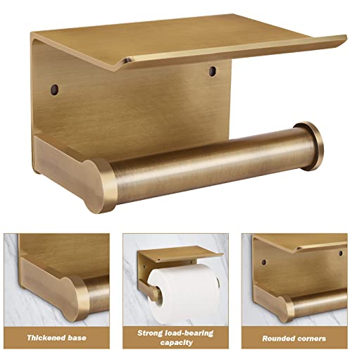 Antique Bronze Toilet Paper Holder Wall Mount with Shelf - No Drill 3M Adhesive or Screw Mount Bathroom Tissue Paper Dispenser-Aluminum Storage Rack for Phone, Wipes, Soap-Modern Bathroom Organizer