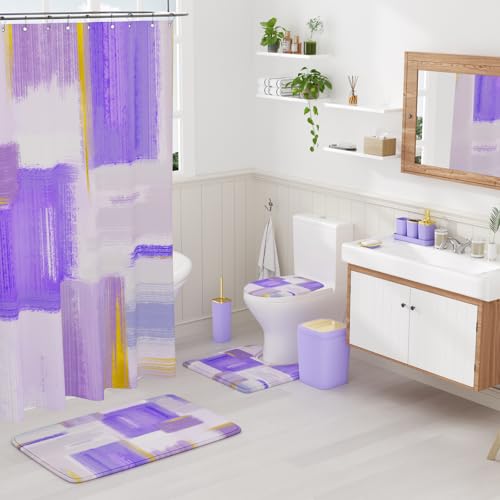 XLHOMO Bathroom Accessories Set - 25PC Bathroom Set with Shower Curtain and Rugs, Purple Bathroom Set, Bathroom Accessory Set with Press-on Lid Trash Can, Soap Dispenser and Qtip Holders - color: Purple & Gold, size: Plaid Complete Set + Bath Rugs