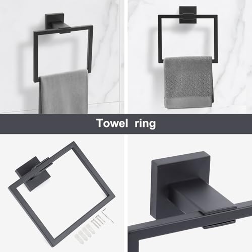Stainless Steel Matte Black Bathroom Hardware Accessories - 5 Piece Set with 16 inch Square Towel Bar, Towel Rack & Holder - color: Matte Black