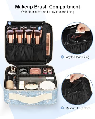 Relavel Travel Makeup Case, Professional Makeup Artist Makeup Bag, Portable Makeup Train Case Organizer with Adjustable Dividers, Cute Cosmetic Bags Birthday Gifts for Girls and Women - color: White Floral Print, size: Small