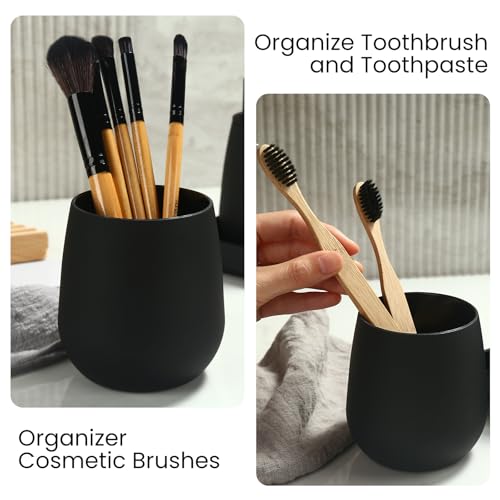 Black Bathroom Accessories Set, Modern 3 Pcs Bathroom Essentials - Soap Dispenser, Toothbrush Holder & Tray, Countertop Vanity Organizer (Black) - color: Black