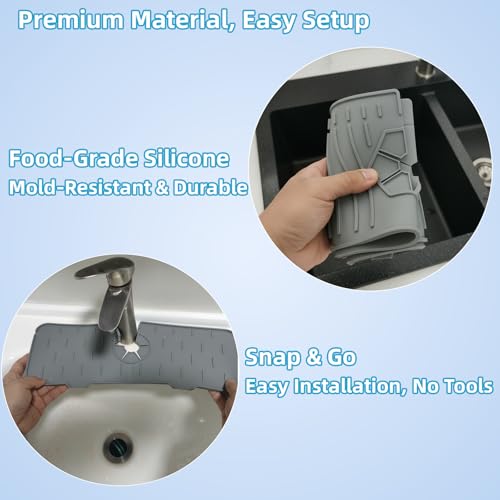 Silicone Faucet Handle Drip Catcher Drying Tray Mat Dish Soap Sponge Holder Accessories Gadgets for Kitchen Counter Bathroom Kitchen Sink Splash Guard (Gray, 24") - size: 24" x 5.5"