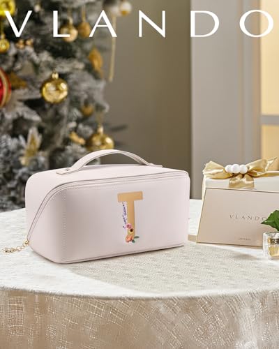 VLANDO Valentines Day Gifts,Initial A-Z Makeup Travel Bag, Personalized Gifts for Friendship Bridesmaid Gift Ideas Valentine's Day Anniversary（Letter T - color: 14.White-T