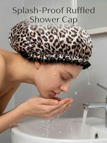 Aquior Shower Cap, Reusable Waterproof Leopard Print Hair Cap,Dual Layer Large Ruffle Edge for Long Hair, Ideal for Shower, Skincare, Cooking, Spa and Travel Use