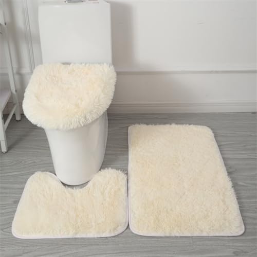 Bathroom Rugs Sets 3 Piece Thick Fluffy Soft Bathroom Rugs and U-Shaped Toilet Mat Washable Absorbent Floor Mat Beige - color: Beige