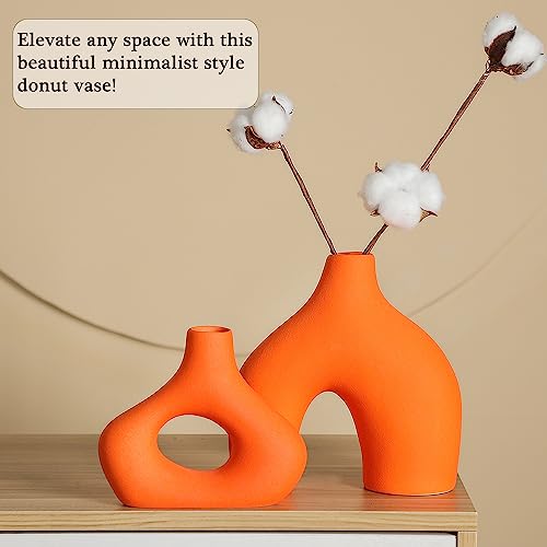 CEMABT Orange Ceramic Vase Set of 2 for Modern Minimalist Bohemian Decor，Round Matte Donut Vases for Pampas Grass-Perfect for Living Room, Dining Table, Office Bedroom Shelf Decor Entryway, Console - color: Orange