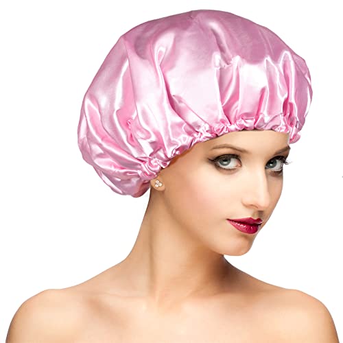 Shower Cap, Adjustable Shower Caps for Women, Extra Large Upgrade Double Waterproof Layers Hair Cap, Bath Caps Shower Hat Women Girls Adult Hair Protection Suitable for All Lengths and Thickness - color: Pink, size: X-Large