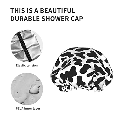Black And White Cow Skin Abstract Animal Farm Shower Cap For Women Adjustable Double Waterproof Layers Bathing Bath Cap Hair Protection Reusable Ladies Spa Salon Shower Hat - color: Balck And White Cow Skin Abstract Animal Farm