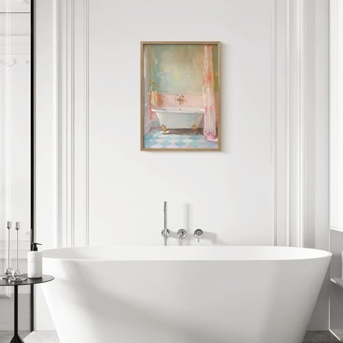 Framed Vintage Bathroom Canvas Wall Art Oil painting style Bathtub Print Poster Picture Home Decor Gallery Style Painting Bathroom Living Room Apartment 16X24 Inch Ready to Hang - color: Pink blue bathroom, size: 16L" x 24W"