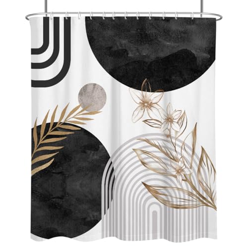 Black and Gold Shower Curtain Large Extra Long Abstract Boho White Gray Grey Mid Century Modern Geometric Contemporary Leaves Fabric Cloth Bathroom Decor Set 72x84 inch Polyester 12 Hooks - color: Black, size: 72"W x 84"L (Pack of 1)