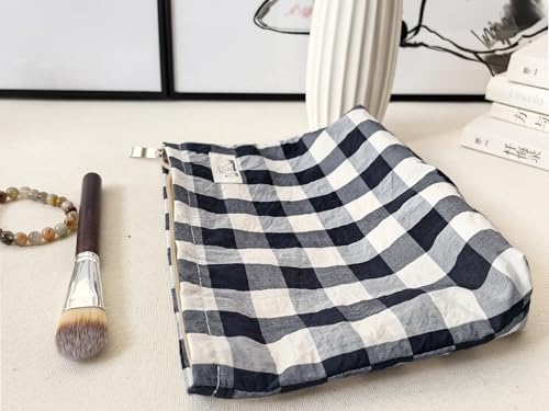 HAPPYHEIDI Large Cotton Black White Checker Makeup Bag with Compartment Cosmetic Toiletry Travel Pouch,Purse Accessory Organizer,Canvas Lined - color: Cotton Checker Large - w Compartment