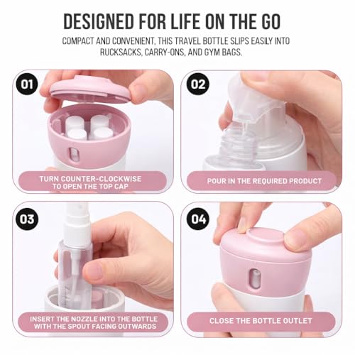 Travigo 4-in-1 Travel Dispenser Bottle, TSA Approved, Leak Proof, Four Reusable 1.4 oz. (40 mL) Toiletry Containers for Shampoo, Conditioner, Soap, Lotion, Skincare (Pink) - color: 1 Dispenser (Pink)