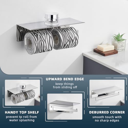 Angle Simple Double Toilet Paper Holder with Shelf Polished Chrome, 304 Stainless Steel Toilet Tissue Roll Holder Wall Mount - color: Polished Chrome, size: Double Rod