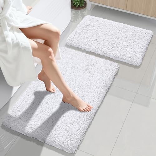 Yimobra Bathroom Rug Set 2 Piece, Luxury Shaggy Bath Mat Set with Non Slip Backing, Ultra Soft & Absorbent Mats for Bathroom Floor, Machine Washable, 31.5"x20"+24"x17", White - color: White, size: 24x17 + 31.5x20 Inch